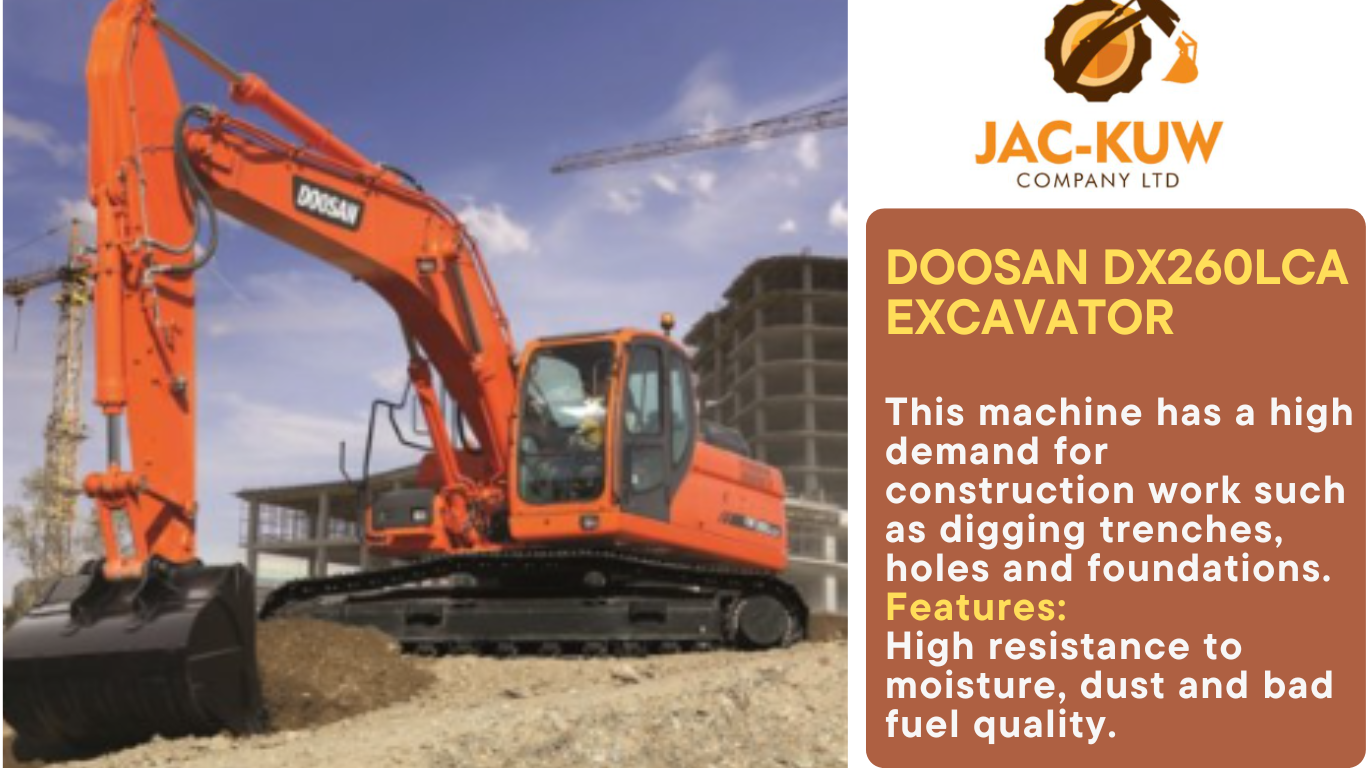 DOOSAN 260 EXCAVATOR This equipment is used for levelling to achieve flat surfaces. Example is the construction of asphalt roads. It has an engine power of 153kW - 1