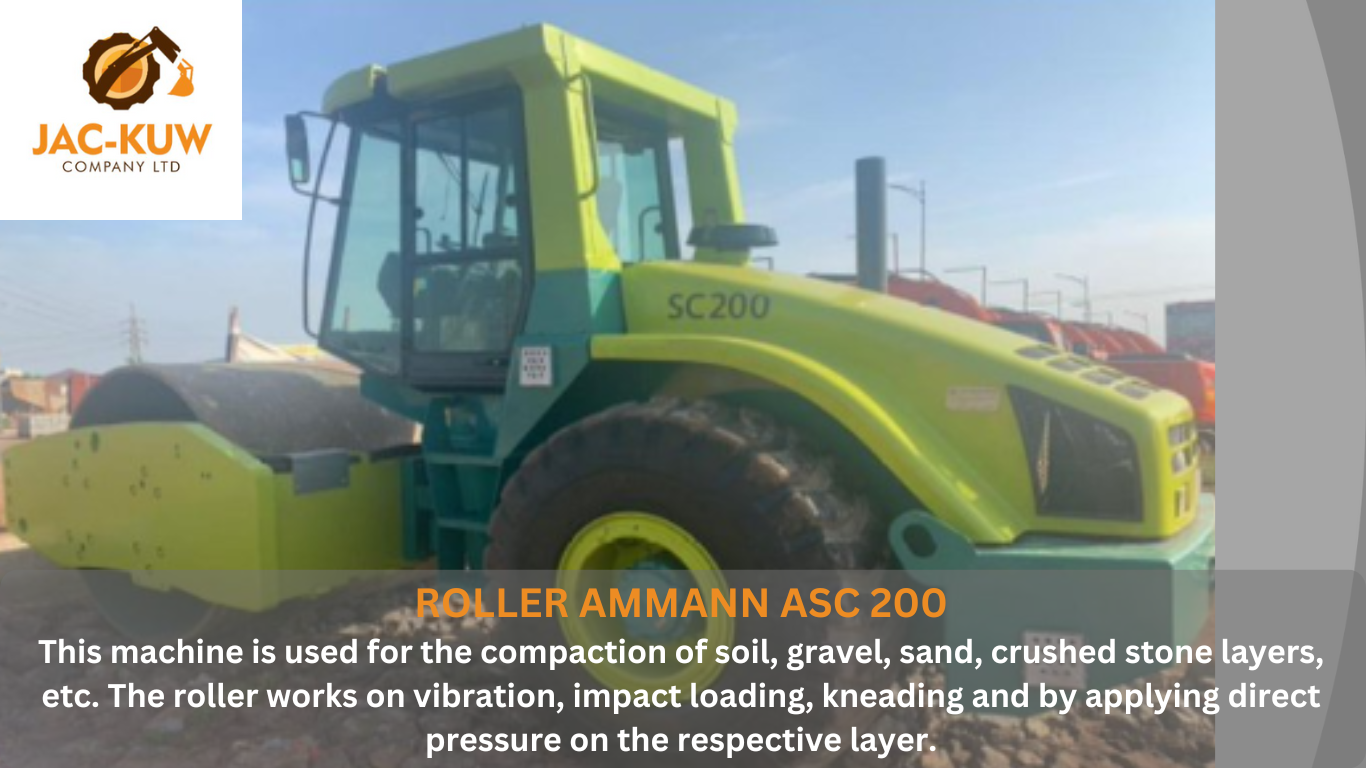 Roller Ammann ASC 200 This machine is the used for the compaction of soil, gravel, sand, crushed stone layers, etc. The roller works on vibration, impact loading, kneading and by applying direct pressure on the respective layer. - 1